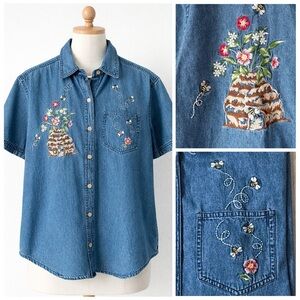 Vintage Honey Bee Hive Floral Embroidered Denim Shirt Cottagecore 90s Whimsy M